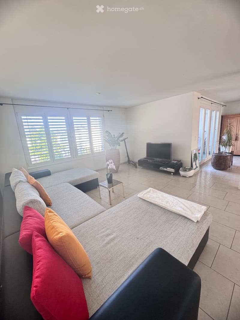Modern living room with a grey sectional sofa, colorful throw pillows, a coffee table, a television, and large windows with blinds.