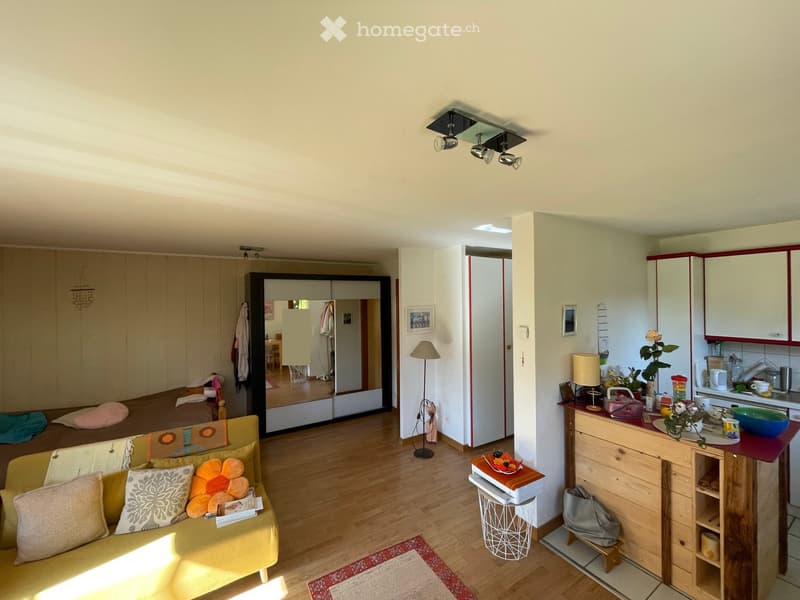 Bright living room with a yellow sofa, coffee table, floor lamp, and a small kitchen area with a counter and various items. The room features wooden flooring, a large mirror, and a wardrobe in the background.