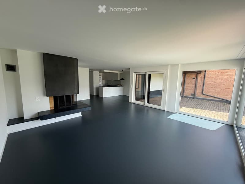 Open-plan living space with dark flooring, white walls, fireplace, sliding glass doors leading to outdoor area, and a small kitchen area with cabinets and sink.