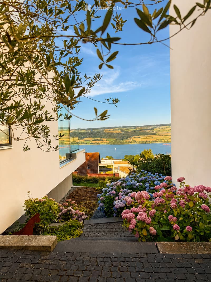 Garden area with a paved pathway leading to a view of a lake and surrounding landscape, featuring colorful hydrangeas and other flowering plants.