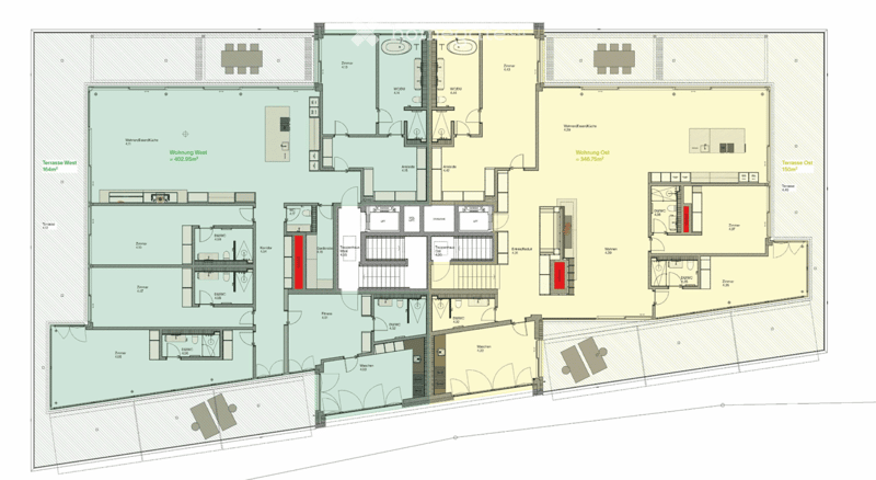 Floor plan of a residential building with two apartments (Wohnung West and Wohnung Ost), each featuring living spaces, bedrooms, bathrooms, and terraces. Includes shared areas such as a fitness room, laundry, and entrance hall.