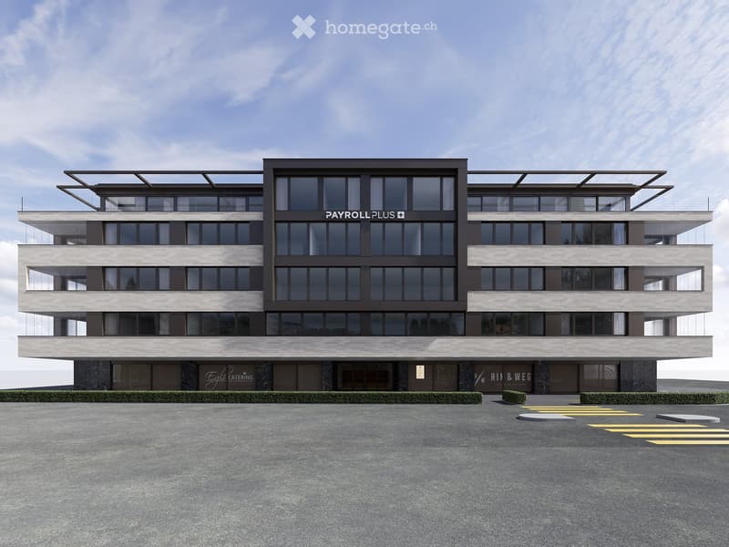 Modern multi-story building with large windows, balconies, and signage for "PAYROLLPLUS+" and "HIM & WEG" businesses.