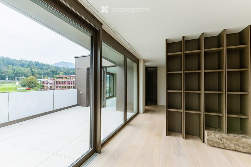 Empty room with light wooden flooring, large glass sliding doors leading to a balcony, and built-in wooden shelving units.