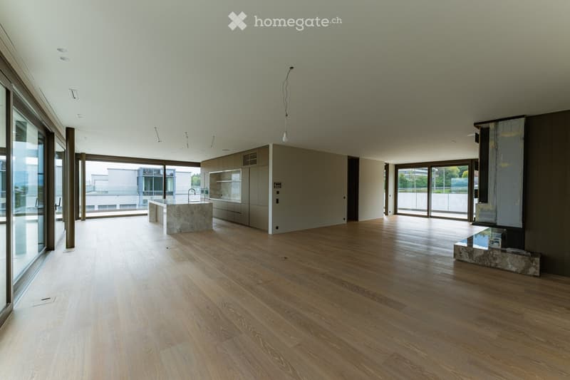 Open-plan unfurnished room with wooden flooring, large glass windows, and built-in cabinetry. Minimalist design with a central island and pendant lighting.