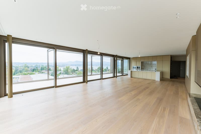 Bright, open-concept space with light wooden flooring, expansive floor-to-ceiling windows offering scenic views, and a modern kitchen area with built-in cabinets and appliances.