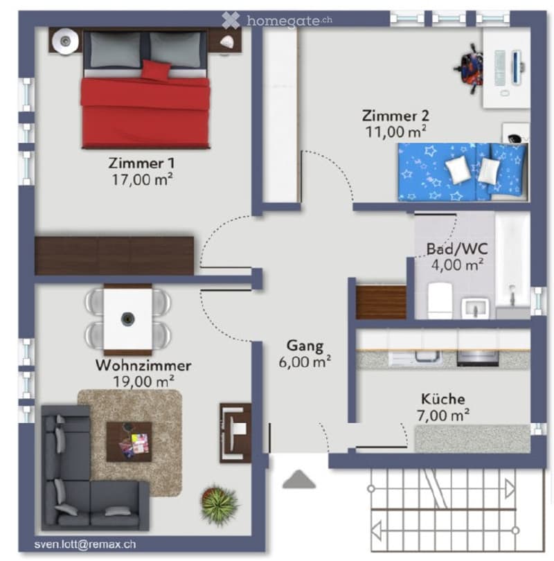 Floor plan of a 4-room apartment with living room, two bedrooms, kitchen, and bathroom.