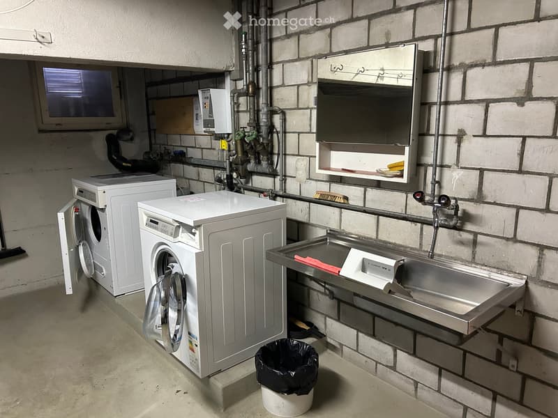 Utility room with washing machine, sink, mirror, and exposed pipes.