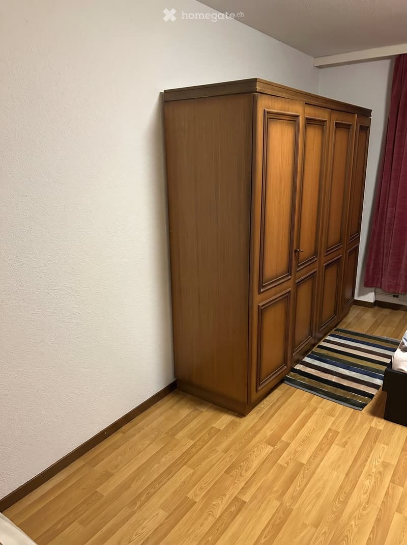 Empty room with wooden floor, light-colored walls, and a large wooden wardrobe unit. A small striped rug is partially visible near the wardrobe.