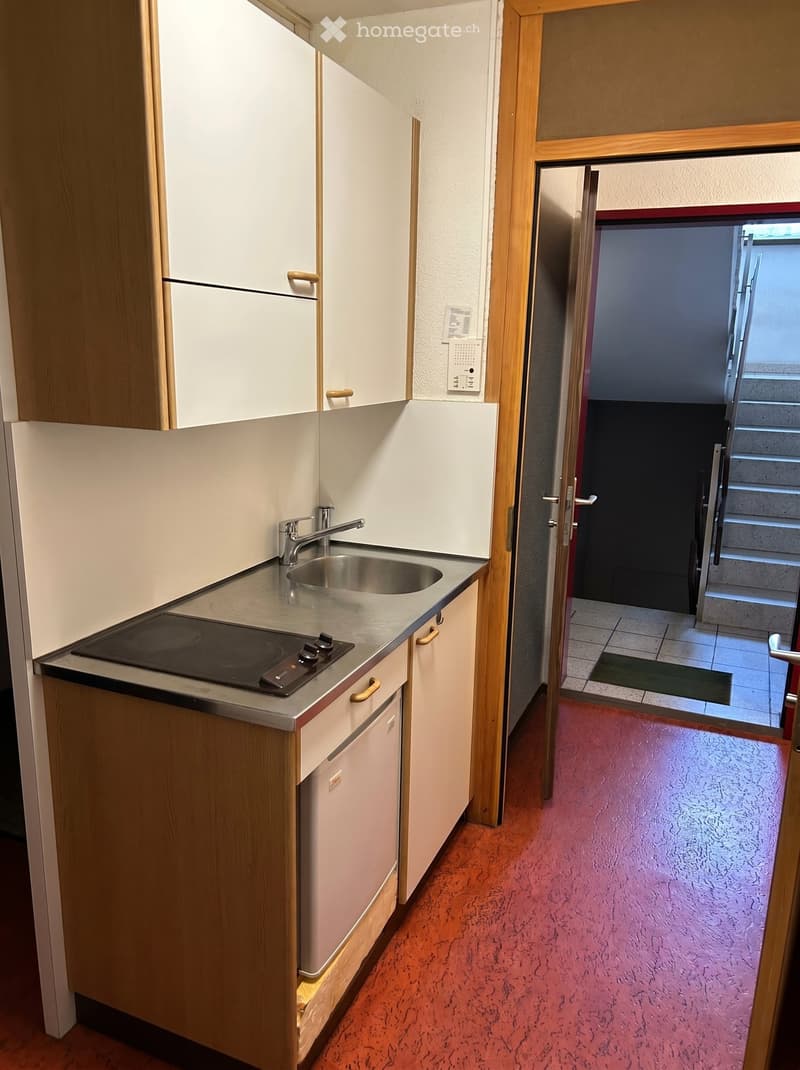 Compact kitchen with a sink, faucet, induction cooktop, and white cabinets. The floor is pink, and a doorway leads to another area.