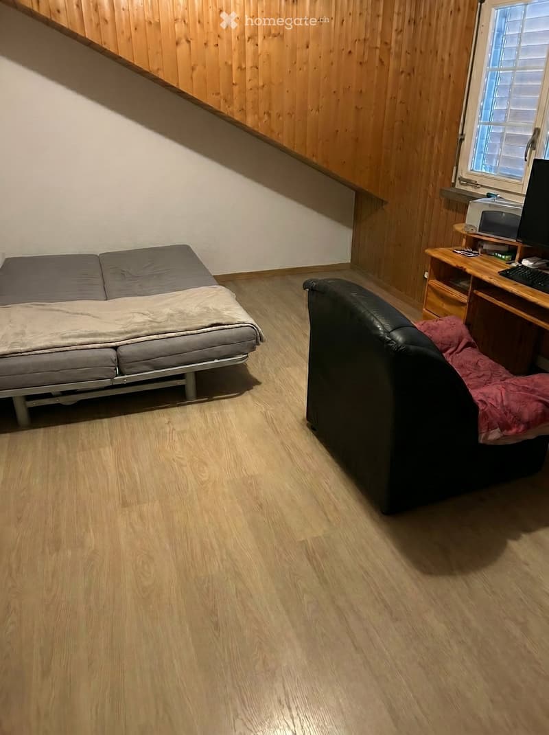 A furnished room with a sofa, desk, chair, laptop, and screen. The room has wooden walls and flooring, with a window on the right side.