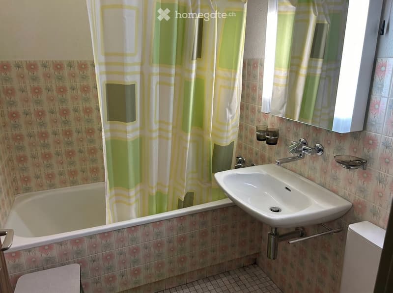 Bathroom with floral tiled walls, a bathtub, a sink with a modern faucet, a mirror, and a toilet. A shower curtain with a geometric pattern is visible.