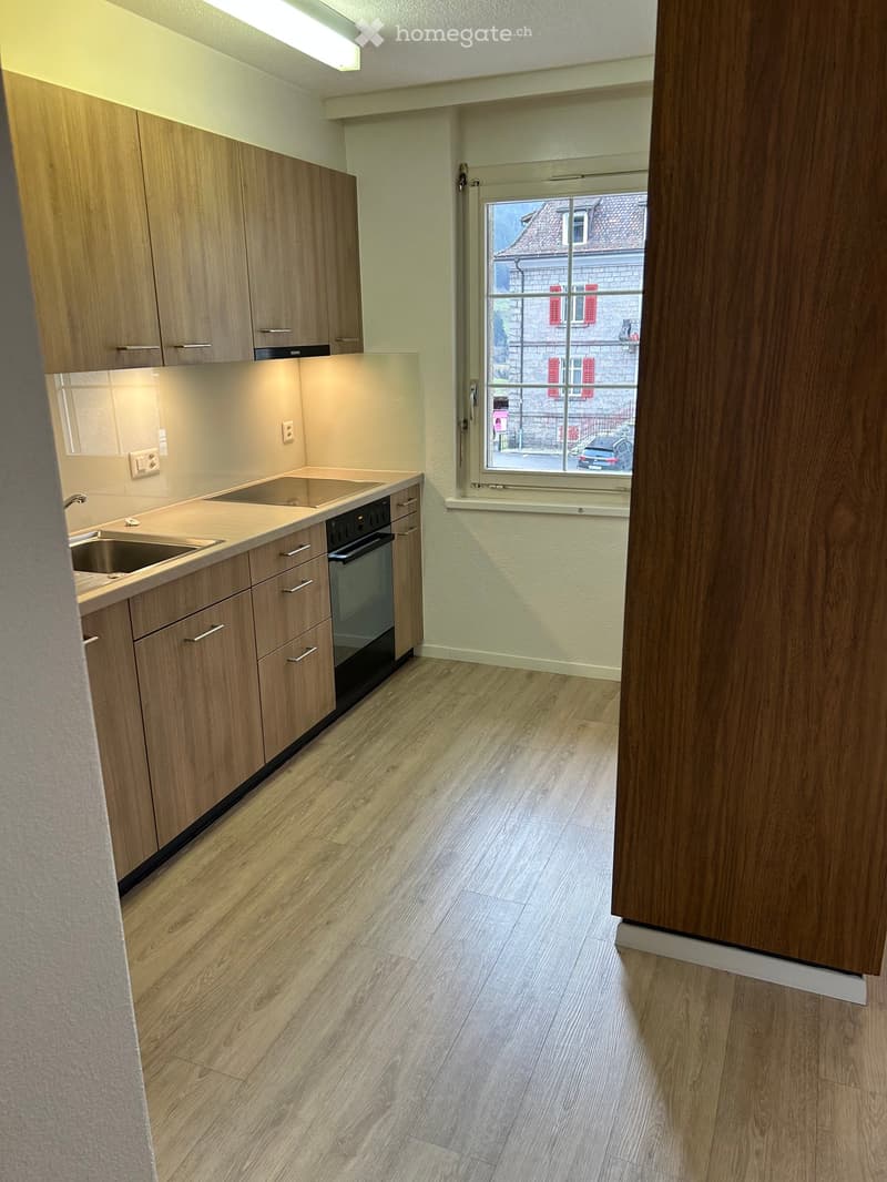 Modern kitchen with light wooden cabinets, stainless steel sink, and oven. Light-colored wooden flooring and a window overlooking a street.
