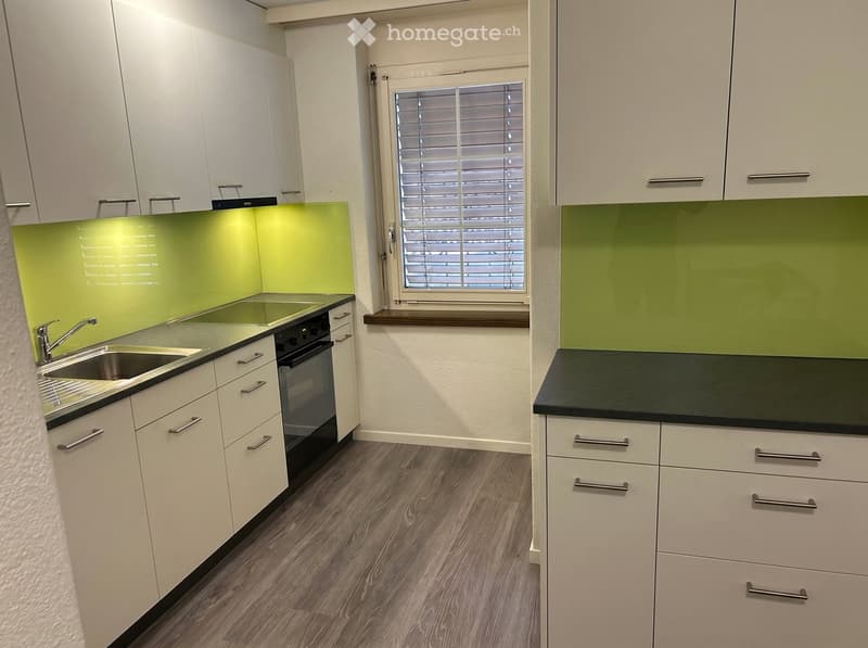 Modern kitchen with white cabinets, green backsplash, stainless steel sink, and black countertop.