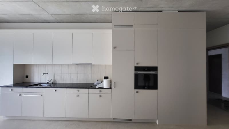 Modern kitchen with white cabinets, black countertop, sink, faucet, and built-in oven.