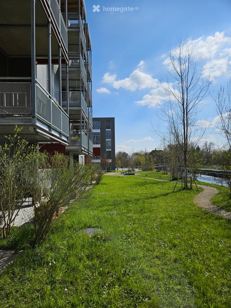 Lush green lawn in front of a modern apartment building with balconies, surrounded by trees and a pathway.
