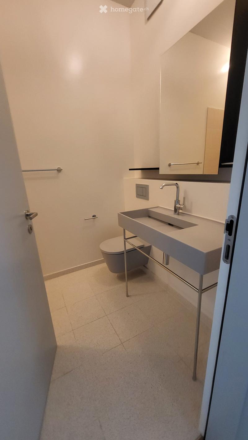 Modern bathroom with a sleek sink, chrome faucet, and toilet. Light-colored tiles and minimalistic design.