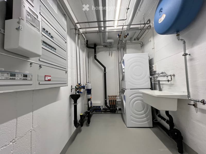 Utility bathroom with a washing machine, sink, and various pipes and valves.