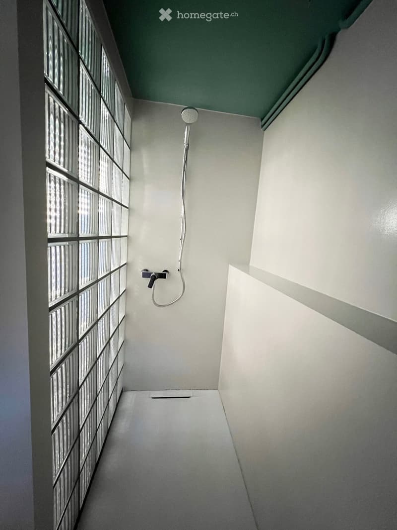 Modern shower area with glass tiles on one wall, a sleek shower head, and a modern faucet.