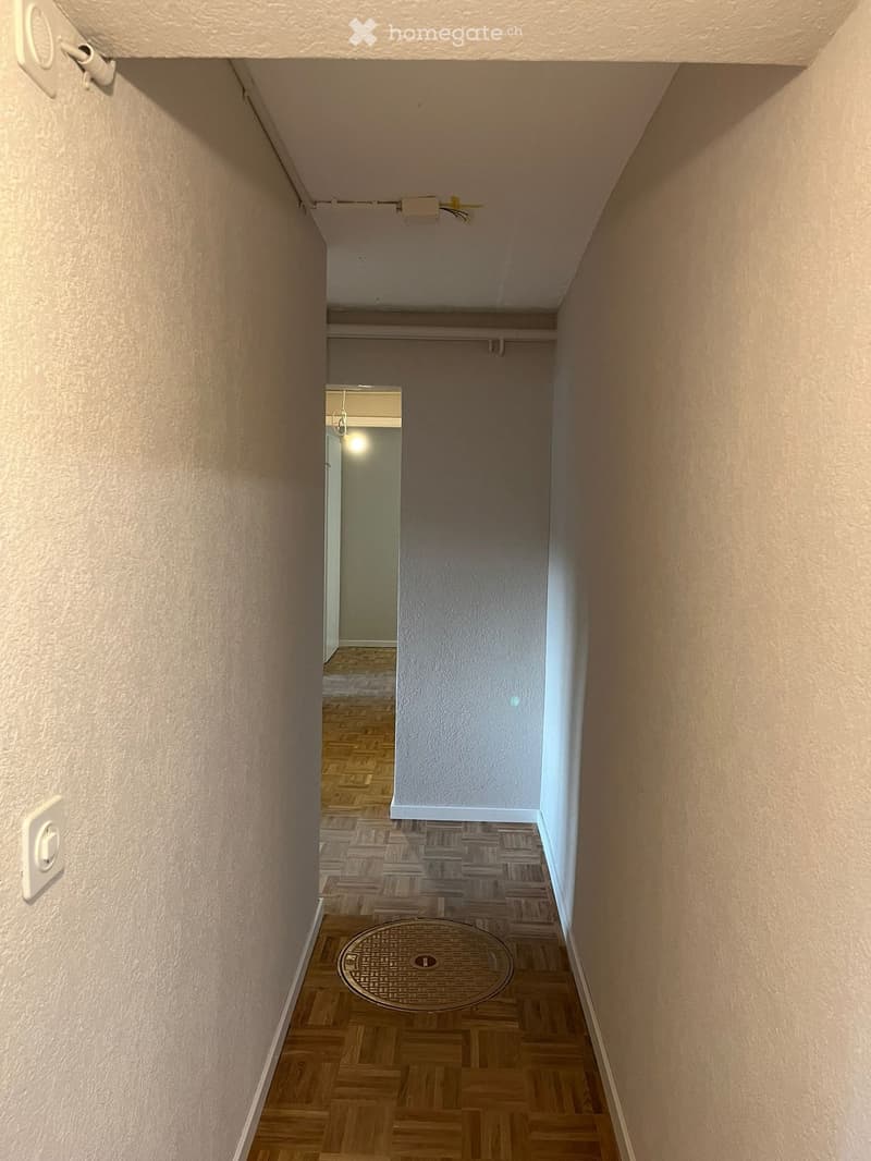 A narrow hallway with wooden flooring and beige walls, featuring a metal manhole cover in the center and a visible room at the end.