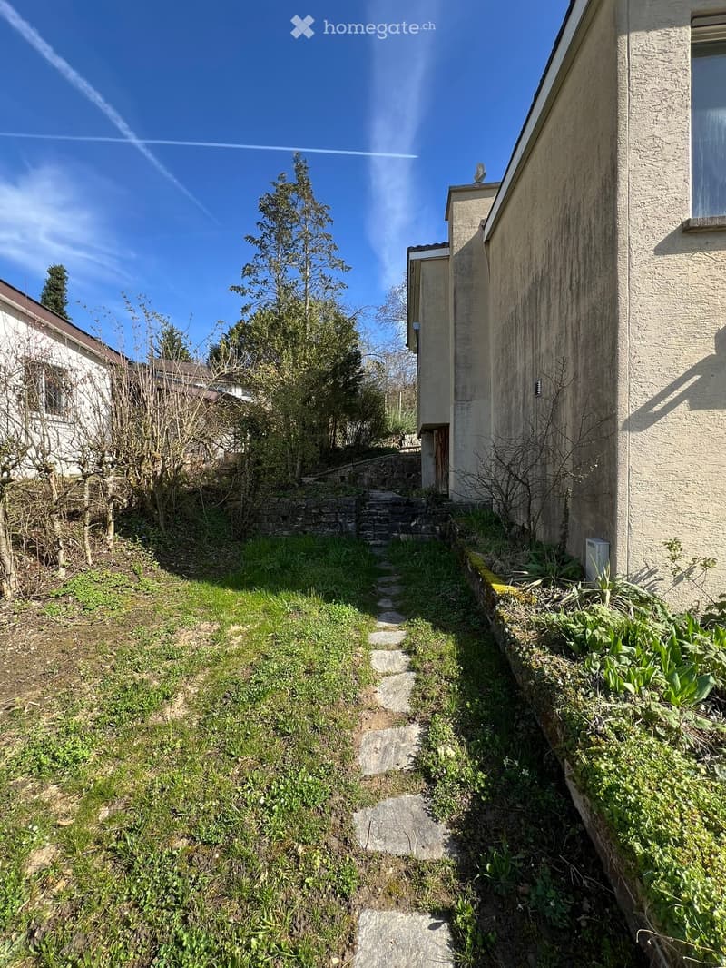 A narrow garden path leads up to a house, flanked by grass and shrubs, with a stone wall and steps visible.