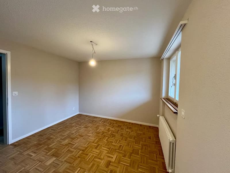 Empty room with wooden herringbone flooring, white walls, a single window with a radiator below, and a hanging light fixture.