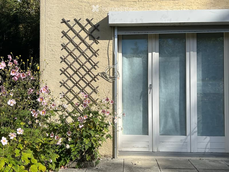 A garden area with a wooden lattice trellis and pink flowers, adjacent to a white-framed glass door on a beige building.