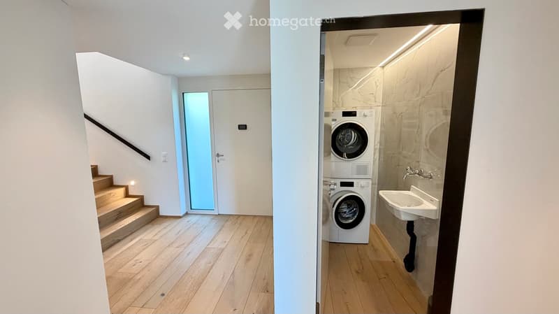Modern hallway with wooden flooring, white walls, and a staircase leading upwards. Adjacent laundry area features a washing machine, dryer, and sink.