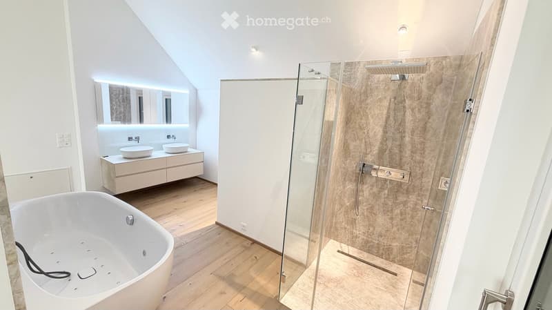 Modern bathroom with a freestanding bathtub, double sink vanity, large mirror, and a walk-in shower with glass enclosure.