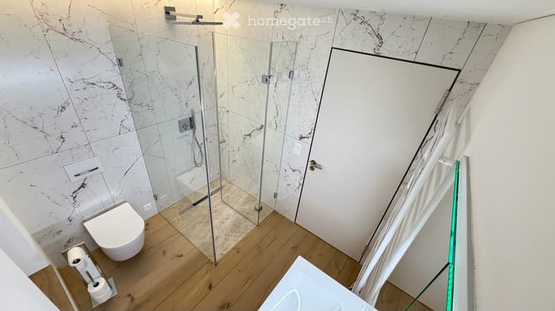 Modern bathroom with marble walls, wooden floor, toilet, toilet paper holder, glass shower enclosure, and a sleek faucet.