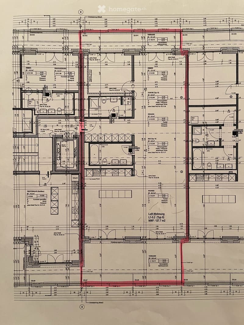 Floor plan of a multi-level residential building showing various rooms, dimensions, and structural details. Includes labeled areas such as living room, kitchen, bedrooms, bathrooms, and terrace.