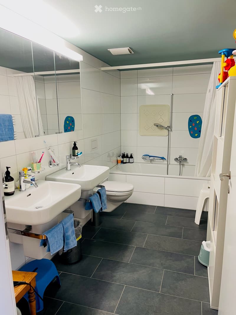Modern bathroom with two sinks, a toilet, a bathtub, and a large mirror. Features include dark tiled flooring, white tiled walls, and various toiletries on the sink counter.