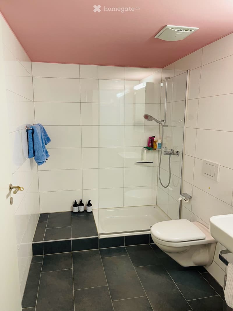 Modern bathroom with white tiles, dark grey floor tiles, a bathtub with a glass shower enclosure, a toilet, a sink, and a towel hanging on the wall.