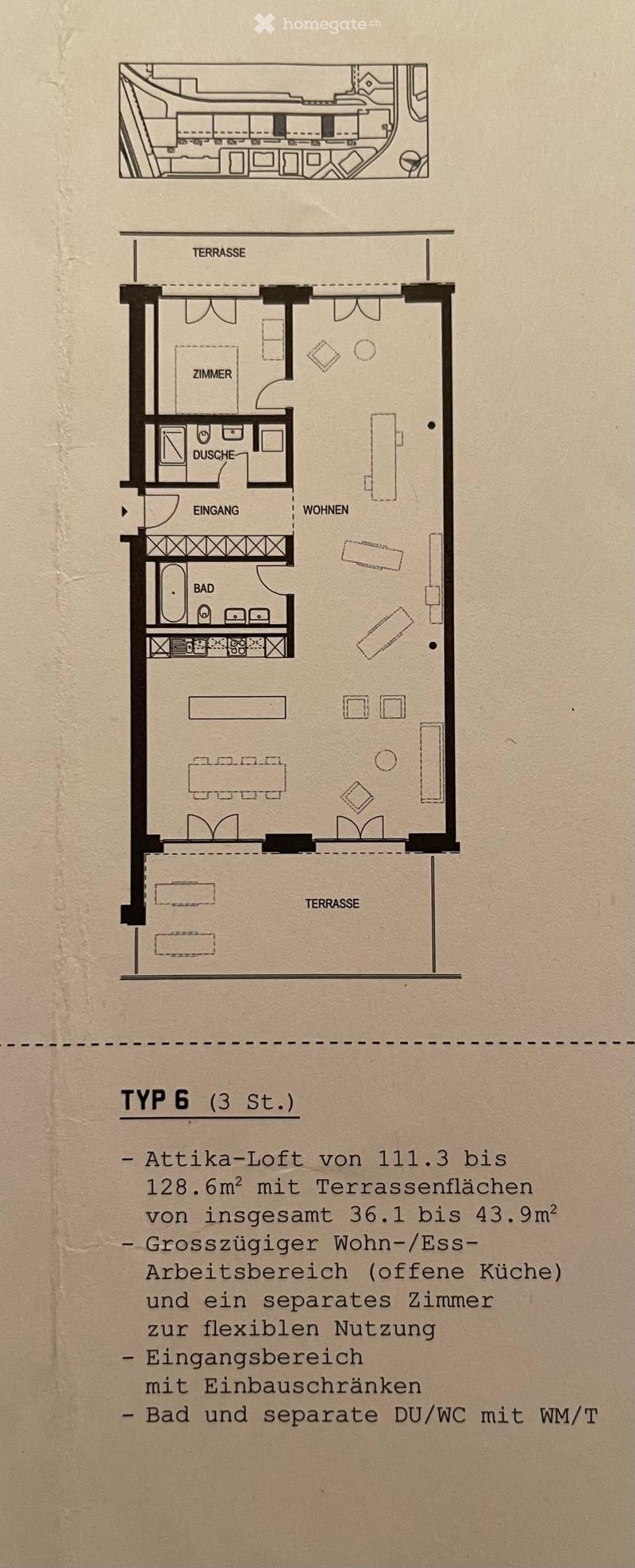 Floor plan of a 3-story attic loft with a spacious living/dining/work area, separate room, entrance area with built-in storage, bathroom, and separate shower/WC with washing machine and dryer. Includes two terraces.