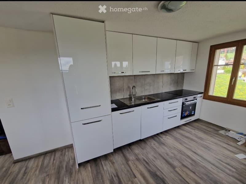 Modern kitchen with white cabinets, black countertops, a sink, and an oven. The floor is made of wood, and there is a window with a view of greenery.