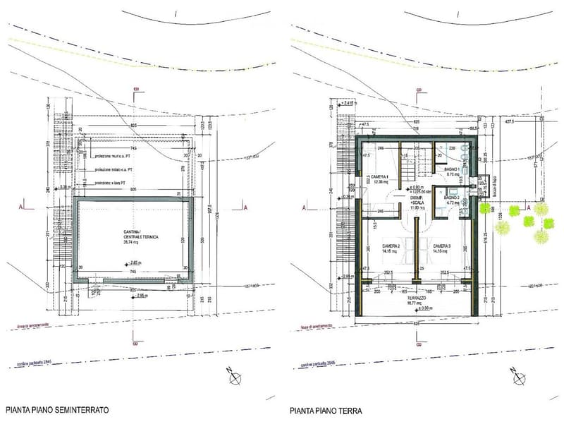 Floor plan of a semi-basement and ground floor, showing rooms labeled as CAMERA1, CAMERA 2, CAMERA 3, BAGNO 1, BAGNO 2, DISIMP, SCALA, TERRAZZO, and CENTRALINA TERMICA.