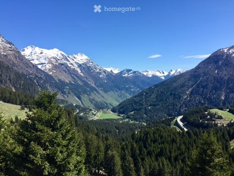 Panoramic view of a mountain range with snow-capped peaks, dense forest, and a winding road in the valley.