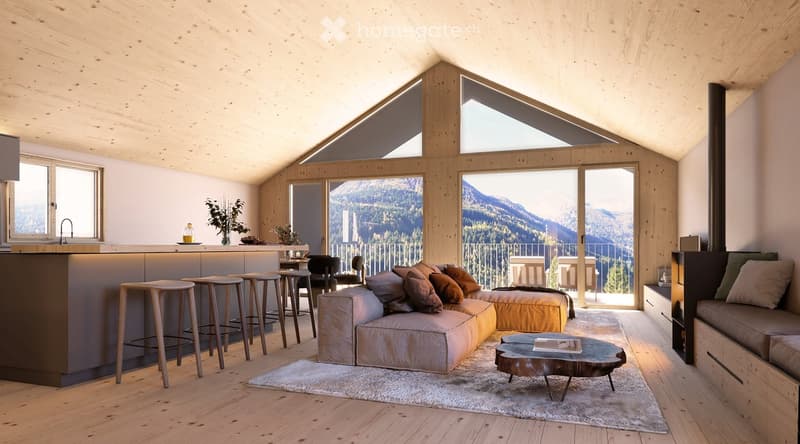 Modern, open-plan living and dining area with wooden ceilings and walls, large windows offering a scenic mountain view, a sofa, coffee table, stools, and a kitchen counter.