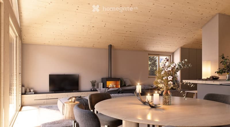 Modern living room with exposed wooden ceiling, large windows, fireplace, sofa, coffee table, dining table, and chairs.