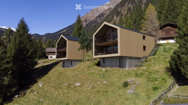 Two modern wooden houses on a grassy hillside with a mountain backdrop, featuring balconies and contemporary architecture.