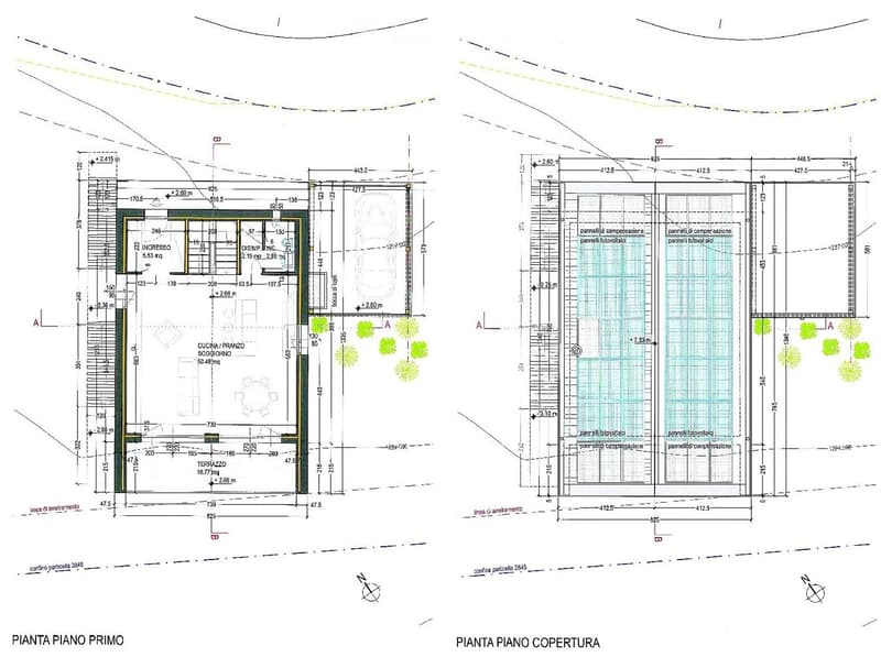 Floor plan of a building showing the first floor and roof plan. Includes labeled areas such as entrance, kitchen/dining room, terrace, and various panels.