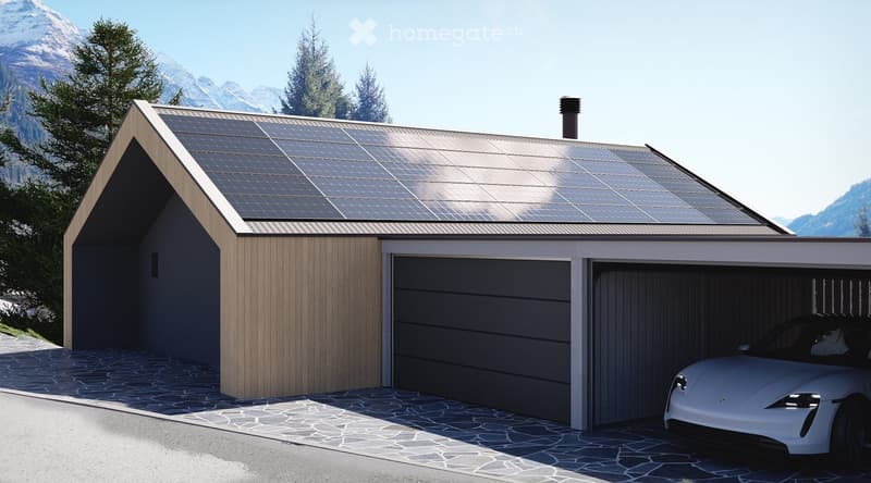 Modern garage with solar panels on the roof, featuring a sleek design with wooden siding and a grey car parked outside.