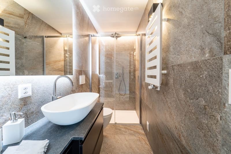 Modern bathroom with a white sink, chrome faucet, toilet, glass-enclosed shower, and built-in radiator. The walls are tiled in a stone-like pattern, and the floor is also tiled.