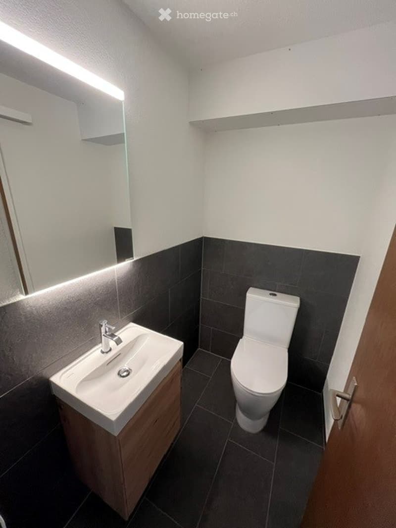Modern bathroom with a white sink, toilet, and large mirror illuminated by LED lighting. Dark grey tiles on lower walls and floor contrast with white upper walls and ceiling.