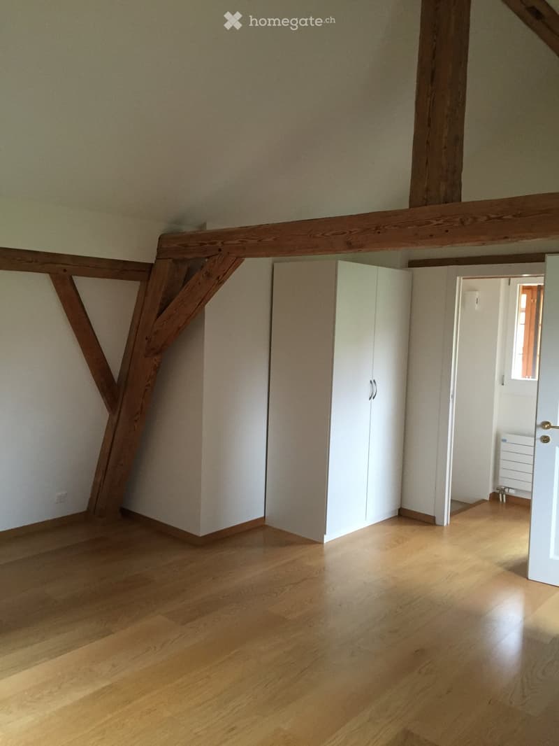 empty room, wooden beams, wooden floor, tall white closet, white wall