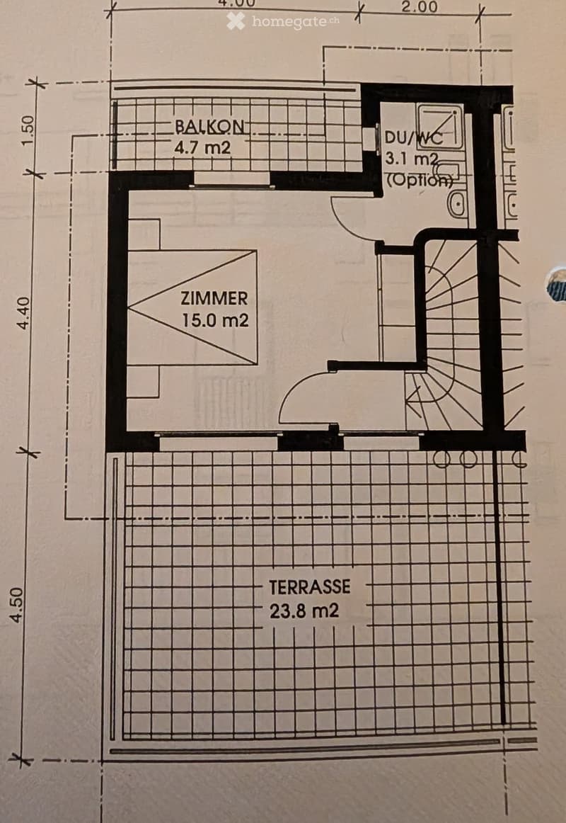 Floor plan showing a room, a balcony, and a terrace with dimensions labeled.