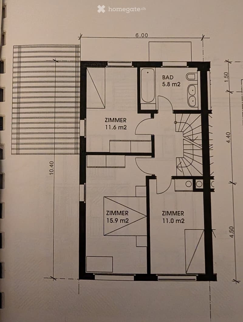 Floor plan showing a layout with four rooms: a bathroom (5.8 m²), and three bedrooms (11.6 m², 15.9 m², and 11.0 m²).