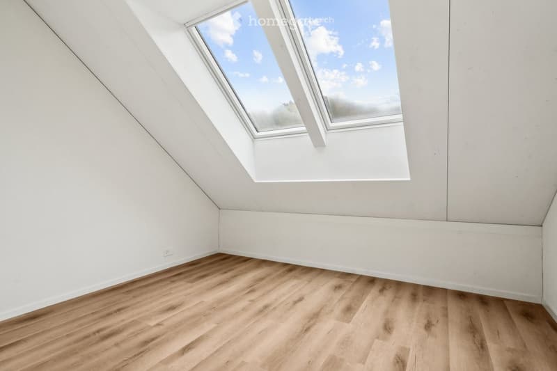 Empty attic room with wooden flooring, white walls, and a large skylight window offering a view of the sky.