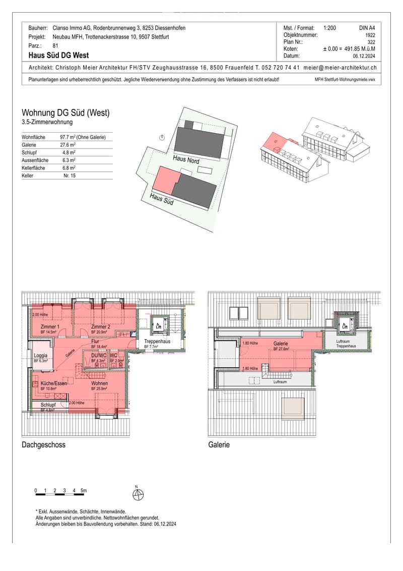 Floor plan of a 3.5-room apartment on the top floor, including living area, kitchen, bedrooms, gallery, and staircase.