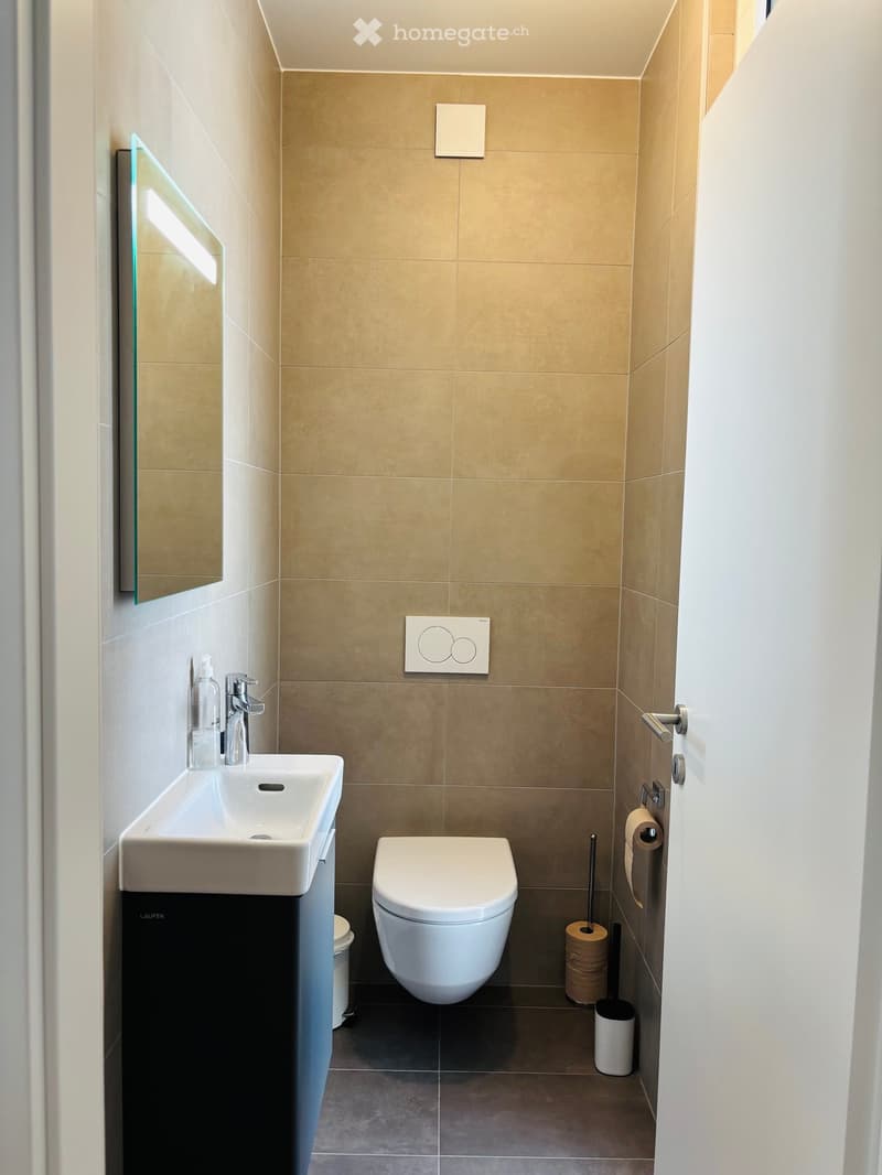Modern bathroom with beige tiled walls, white sink, chrome faucet, toilet, and a glass mirror above the sink. Toilet paper and a toilet brush are visible.