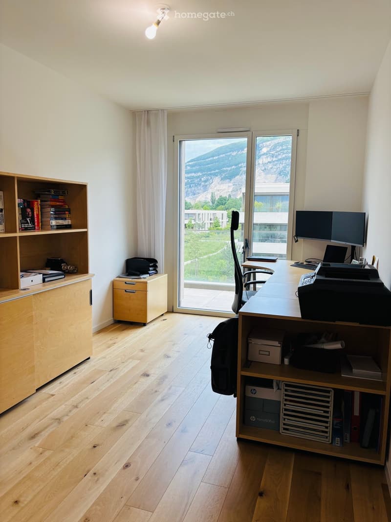 Bright, modern office space with wooden flooring, large windows offering a scenic mountain view, and a well-organized desk setup.